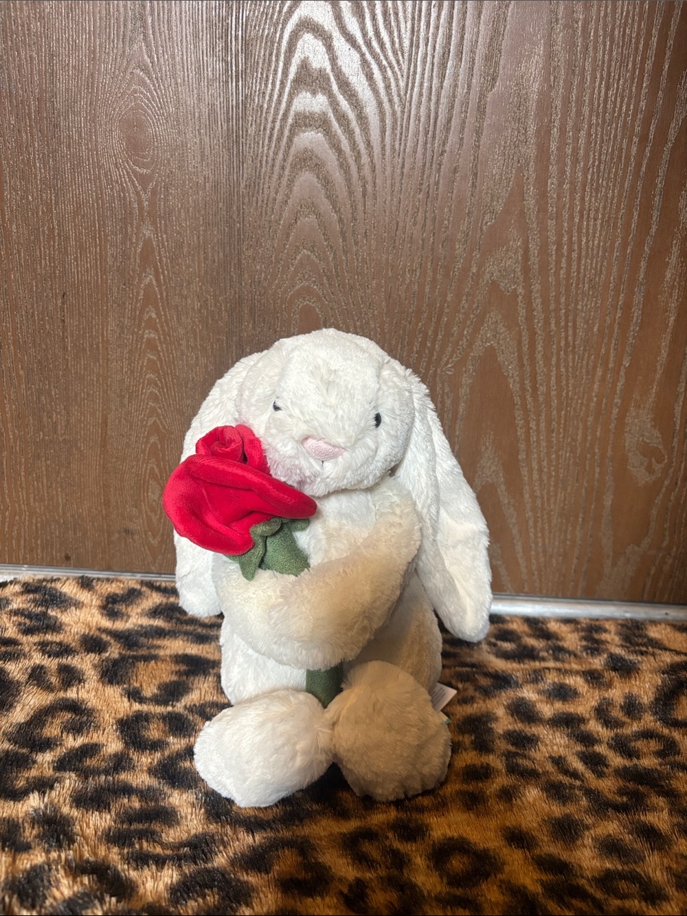 Jellycat Cream Bunny Plush Holding Red Rose